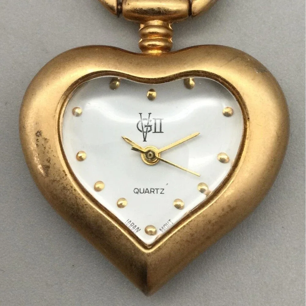 VGII Heart Pendant Watch Necklace Womens 29mm Gold Tone White Dial New Battery